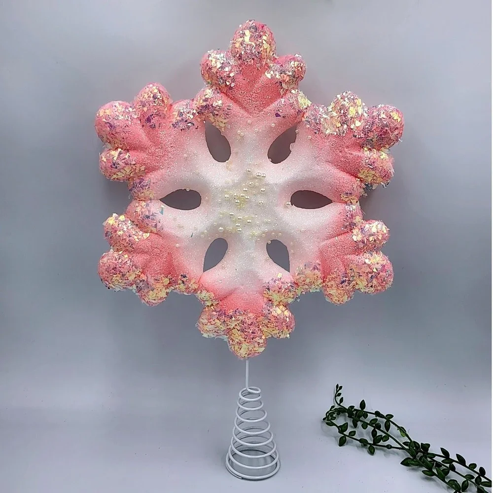 Pink Ombre Foam Snowflake Tree Topper Iridescent Glitter Pearl Whimsical 15 in